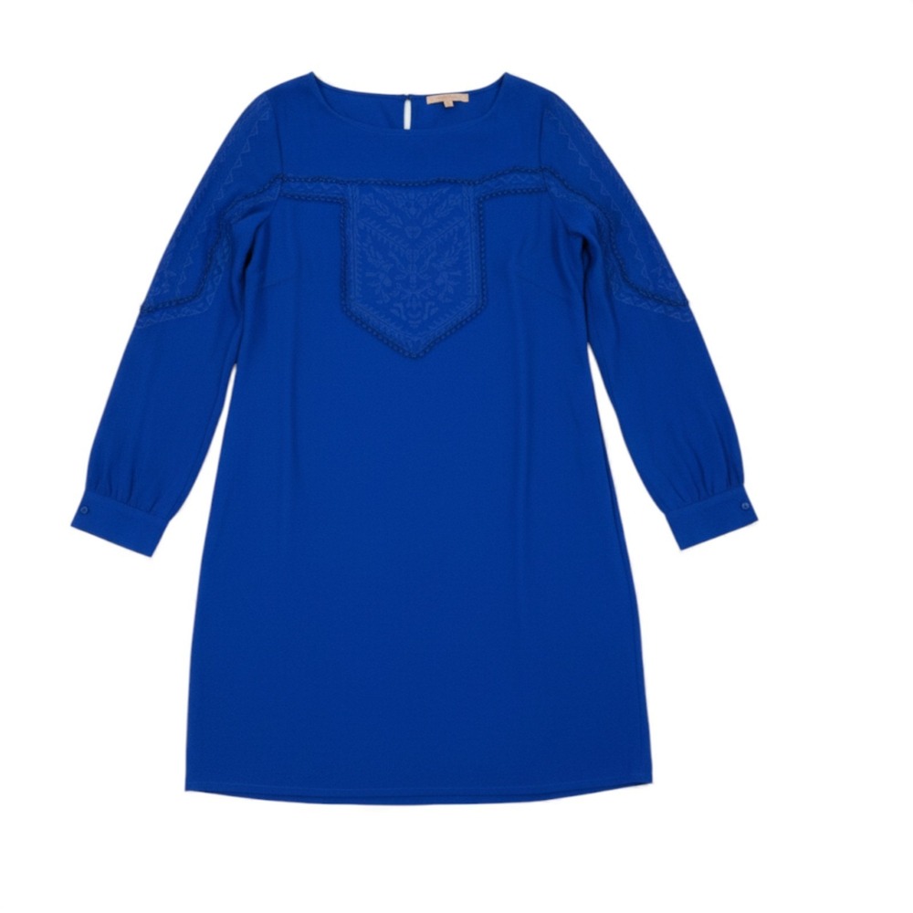 GIBSON & LATIMER Blue CREPE Embroidered Tassel BUTTON BACK Shift Dress Sz M